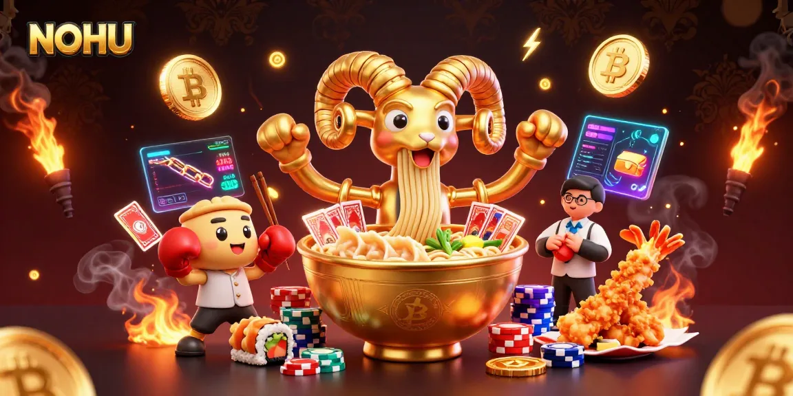 Engage in thrilling gameplay at NOHU casino with animated ramen bowl dealers and vibrant cryptocurrency elements.