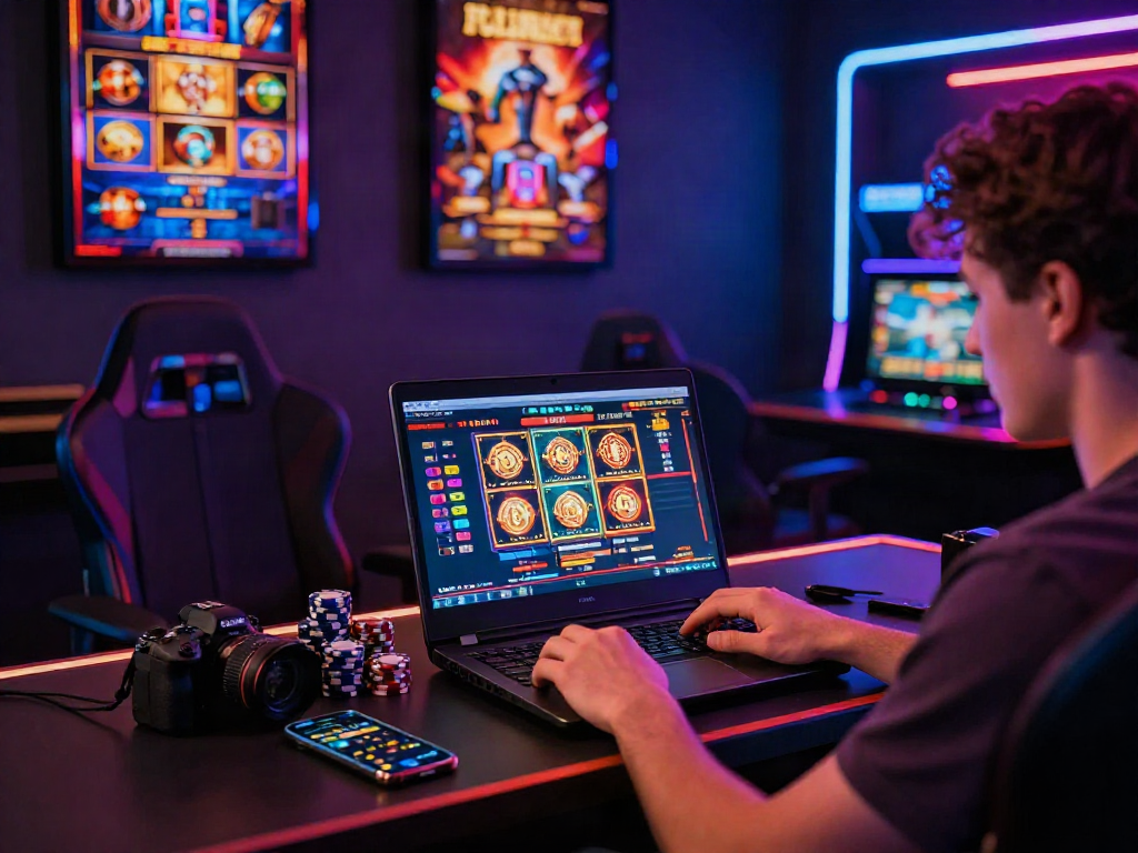 Exciting player enjoying slot online games at a modern gaming setup.