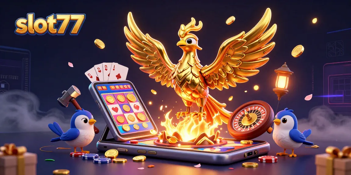 Spin to win big with slot77 in an exciting casino-themed 3D illustration.