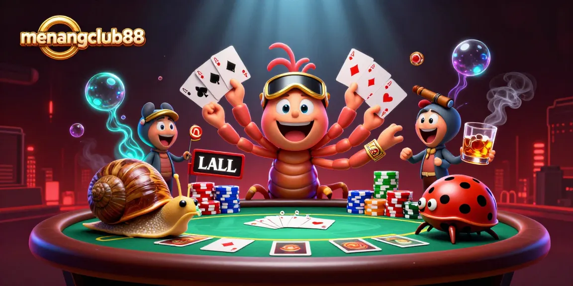 Engaging scene showcasing menangclub88 with a cartoon millipede dealer, high roller snail, and pill bug excitement.