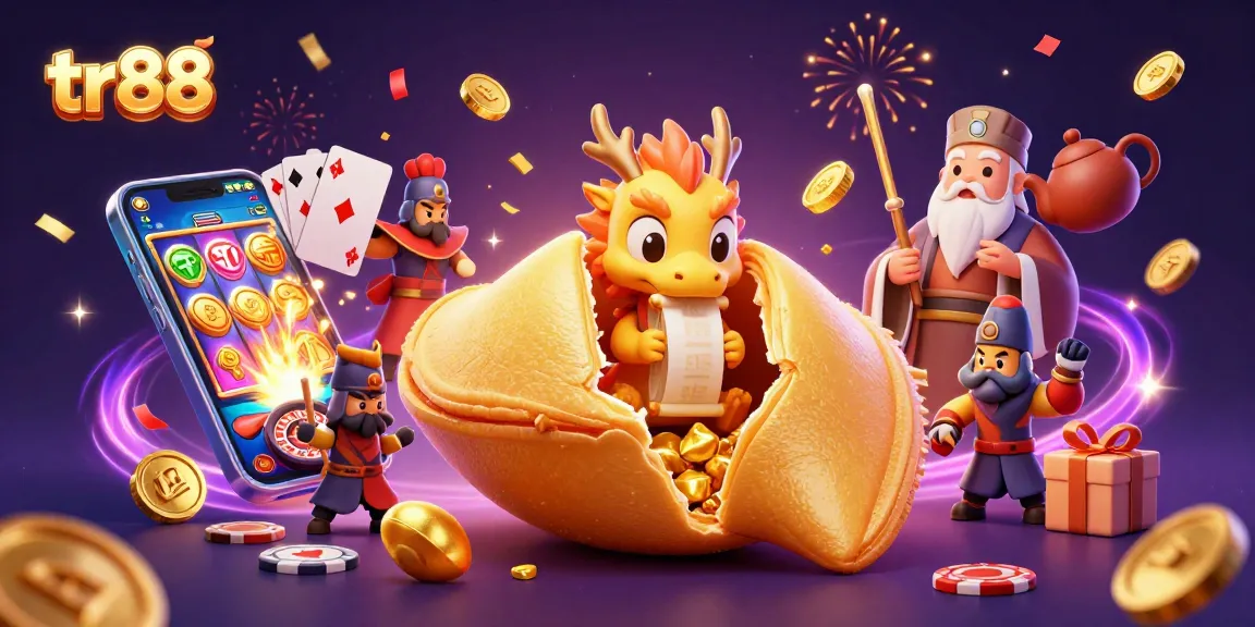 Experience tr88 excitement with a golden fortune cookie and casino elements in vibrant action