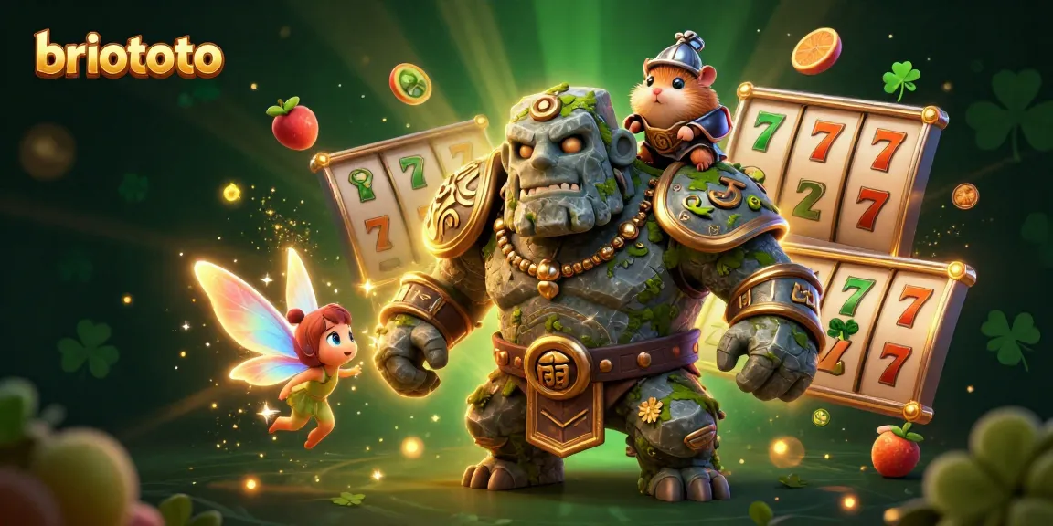 Briototo showcases a vibrant 3D scene with a golem and knight celebrating a slot jackpot.