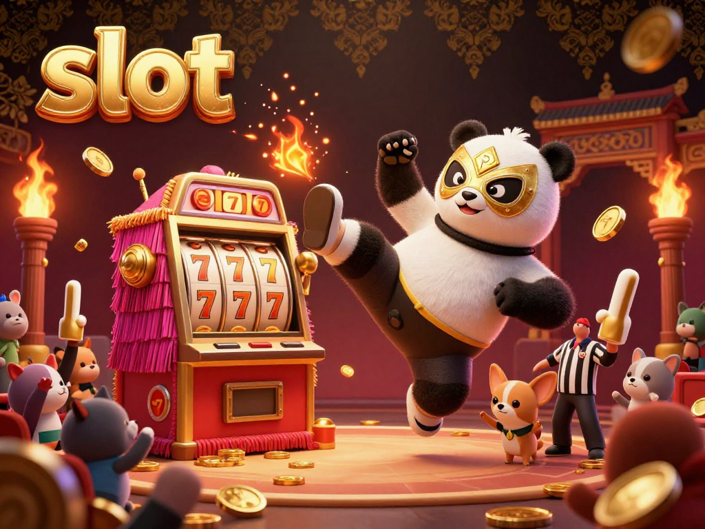 Experience thrilling slot action as a panda in a lucha libre mask kicks a slot machine piñata while a chihuahua counts!