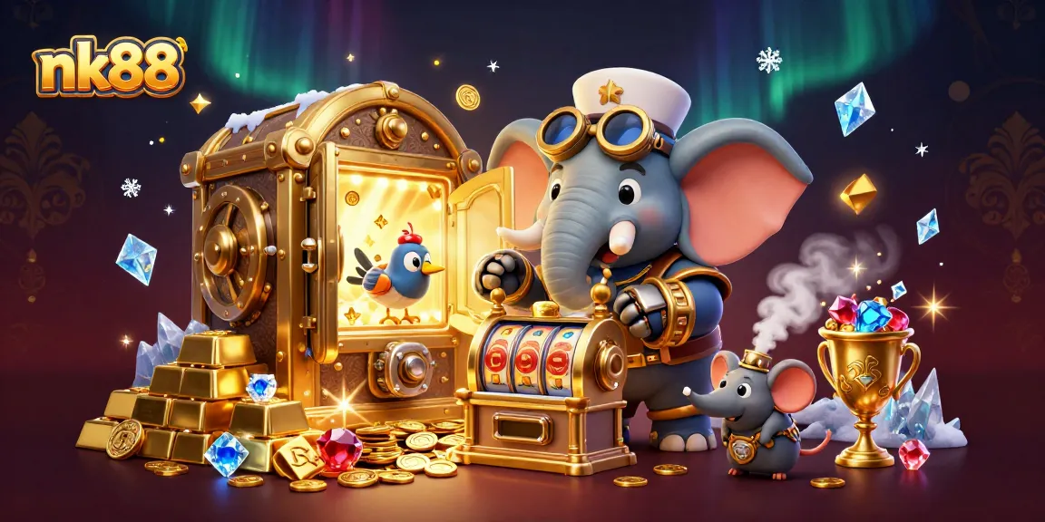 Experience thrilling moments at nk88 with steampunk characters, gold treasures, and vibrant casino action illustrated.