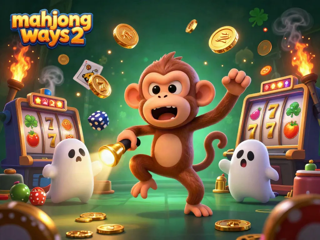 Engage with mahjong ways 2 in this vibrant casino scene featuring a mischievous monkey and a curious puppy tracking golden prizes.