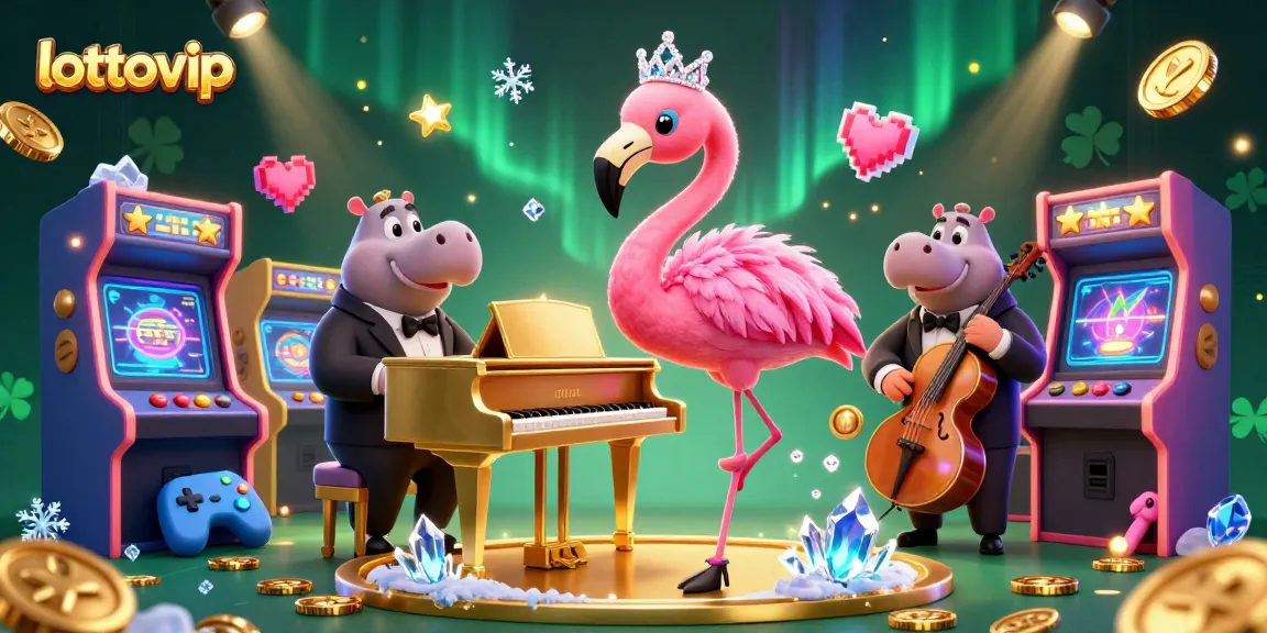 Melihat keberuntungan di lottovip dengan penyanyi flamingo funky dan bassist hippo di kasino digital yang meriah