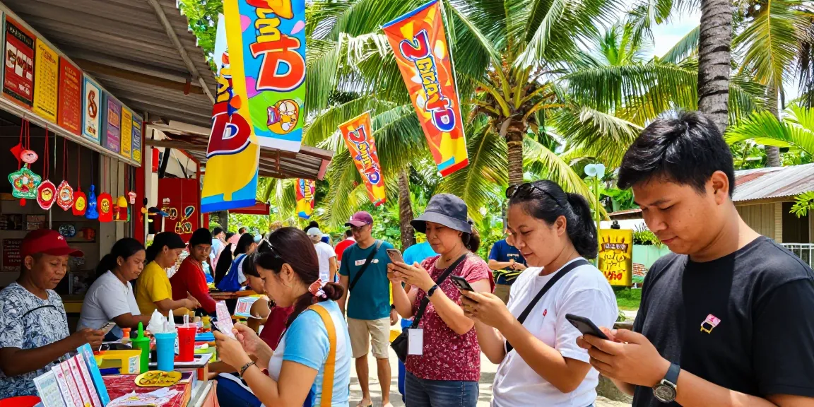 Suasana ceria para pengunjung di toko tiket lotere Diana4D dengan banner berwarna-warni dan pembeli menggunakan smartphone.