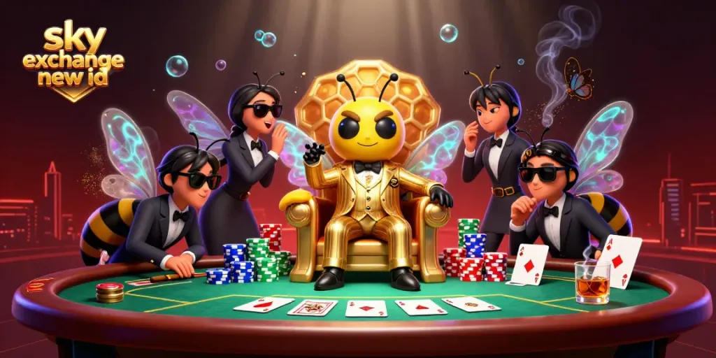 Engage with the sky exchange new id in an ultra-detailed casino scene featuring a cartoon bee mob boss and wasp bodyguards.