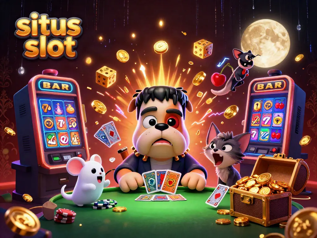 Gambarkan aktor situs slot yang bersemangat dengan jackpot, kartu, dan simbol kemenangan.