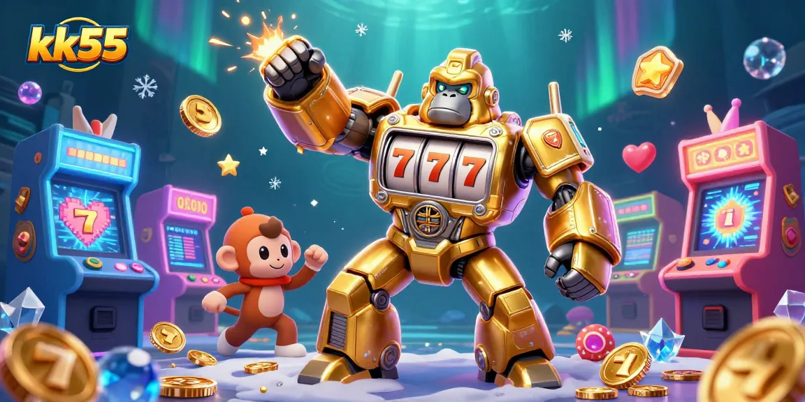 Engage with kk55's thrilling slots in this vibrant 3D casino illustration, packed with action.