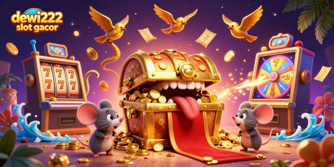 Dewi222 slot gacor treasure chest pulls in adventurer mice with vibrant jackpot game elements.