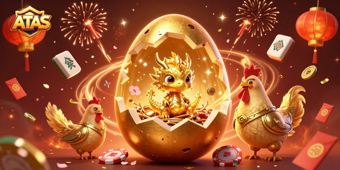 Engage with ATAS as the golden dragon emerges from an egg amidst vibrant casino elements.