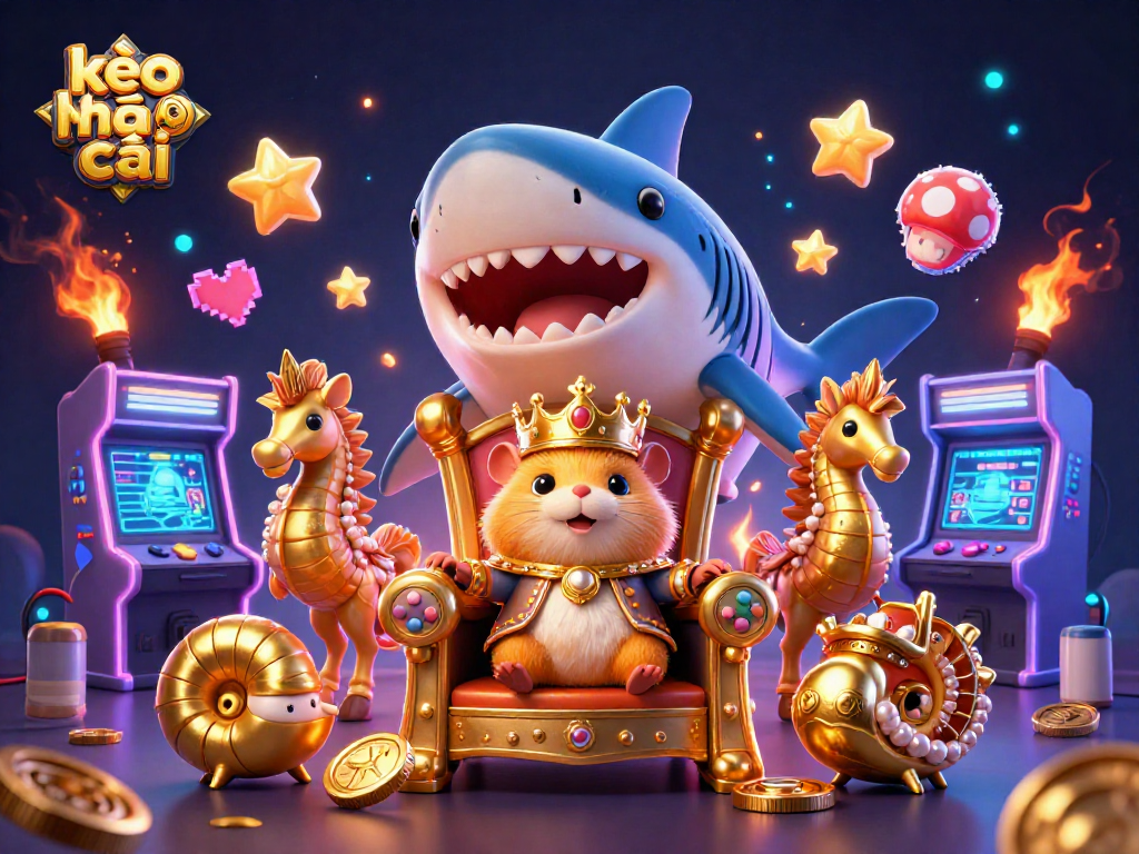 Engage in kèo nhà cái with this dynamic scene illustrating a golden hamster king amidst vibrant casino-themed elements.