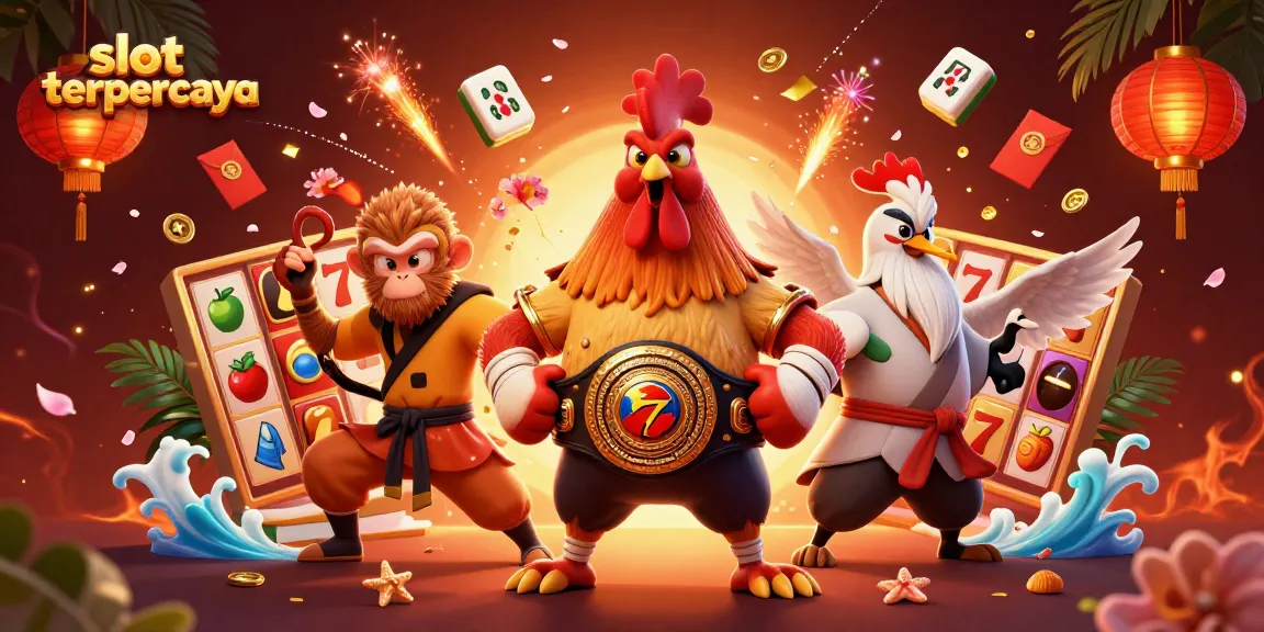 Win big with slot terpercaya, featuring a Muay Thai rooster, Shaolin monkey, and a wise crane in a vibrant casino scene.