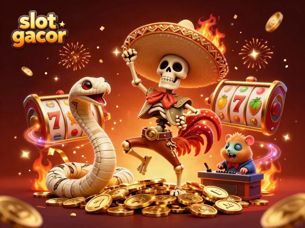 Catch the excitement of slot gacor with a lively scene of a mariachi rooster celebrating wins on slot reels!