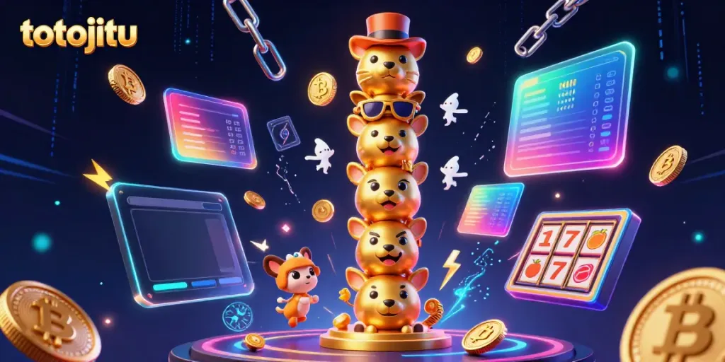 Engage with the lively world of totojitu through a vibrant 3D casino scene filled with animated animal totems and casino elements.