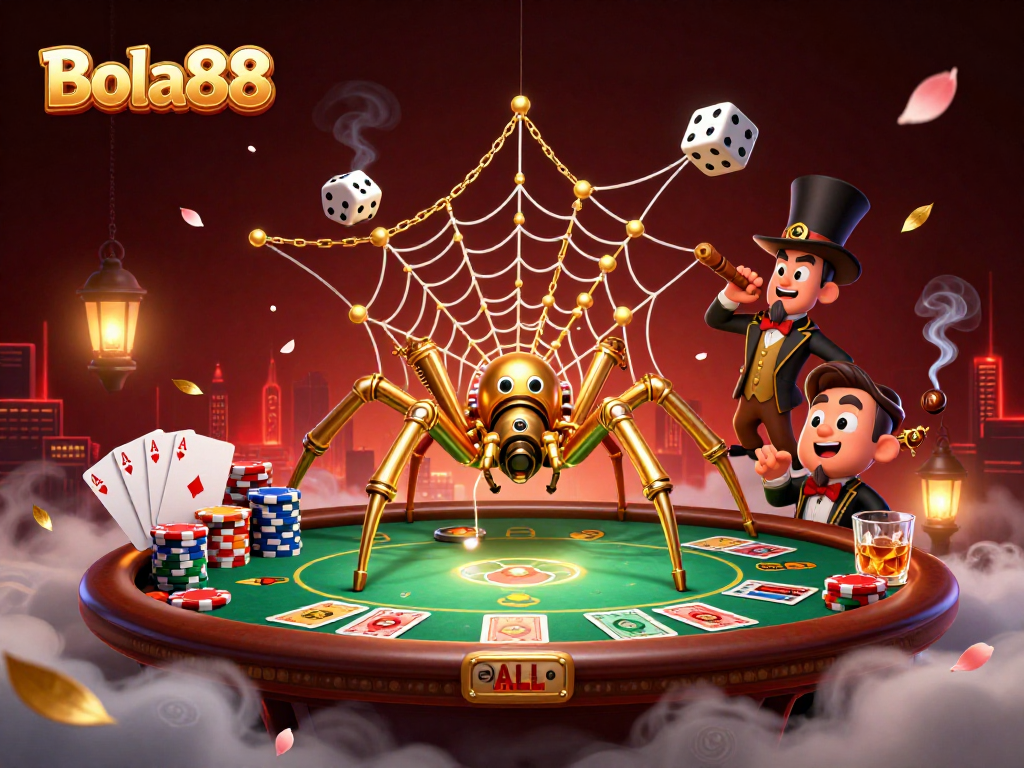 Bola88 menampilkan ilustrasi kasino dengan laba-laba steampunk dan poker, menciptakan suasana menarik.