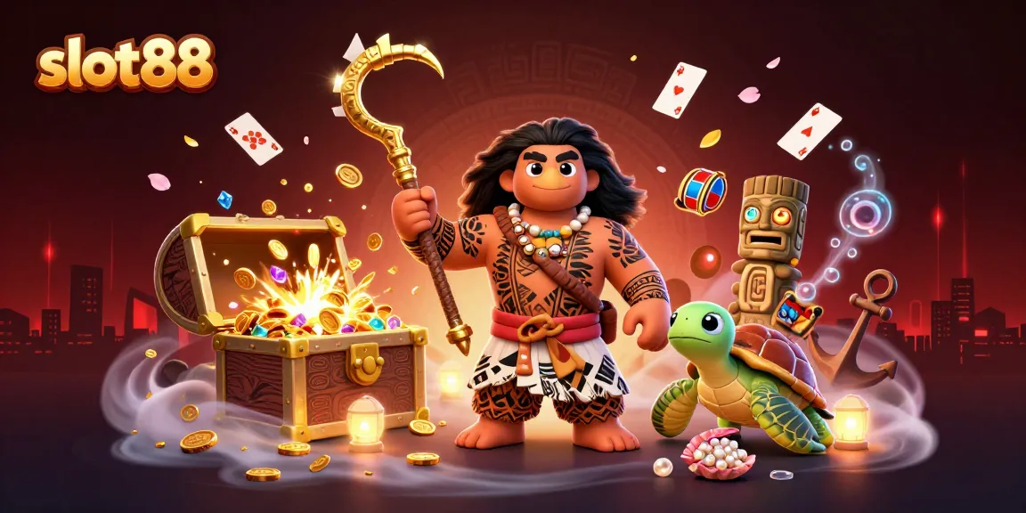 Engage with slot88's vibrant gaming scene, featuring polynesian demigods and dynamic slot elements.
