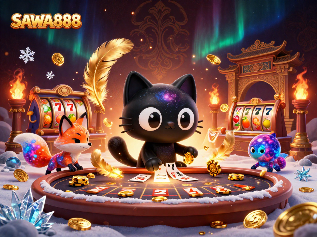 SAWA888 casino scene with a black hole cat and nebula fox, spinning slot reels and golden chips.