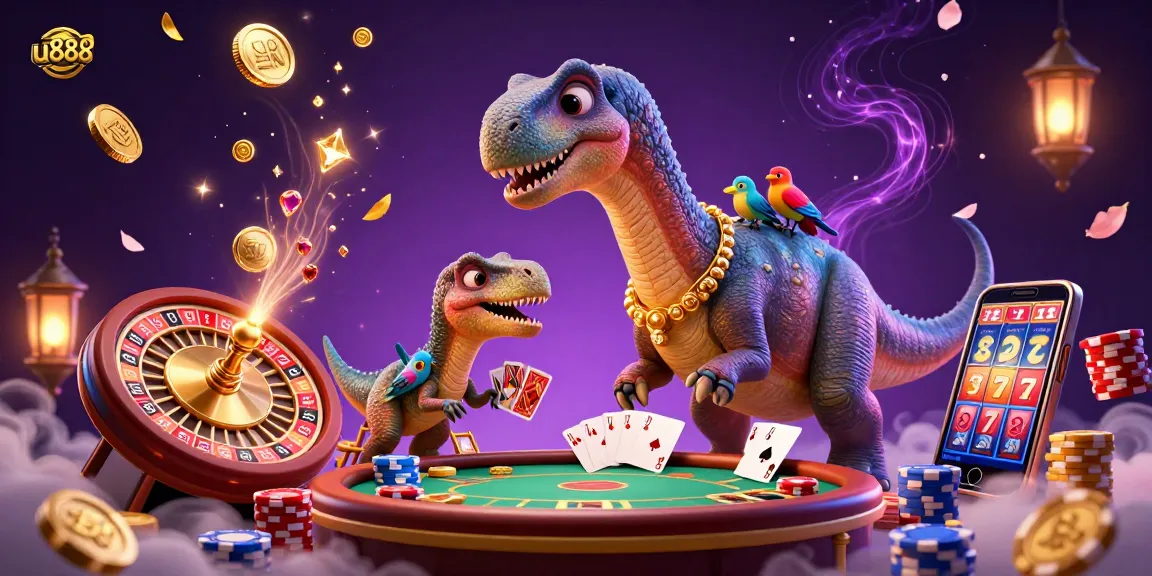 Experience thrilling card dealing action at u888 with a captivating dinosaur scene in a vibrant casino.