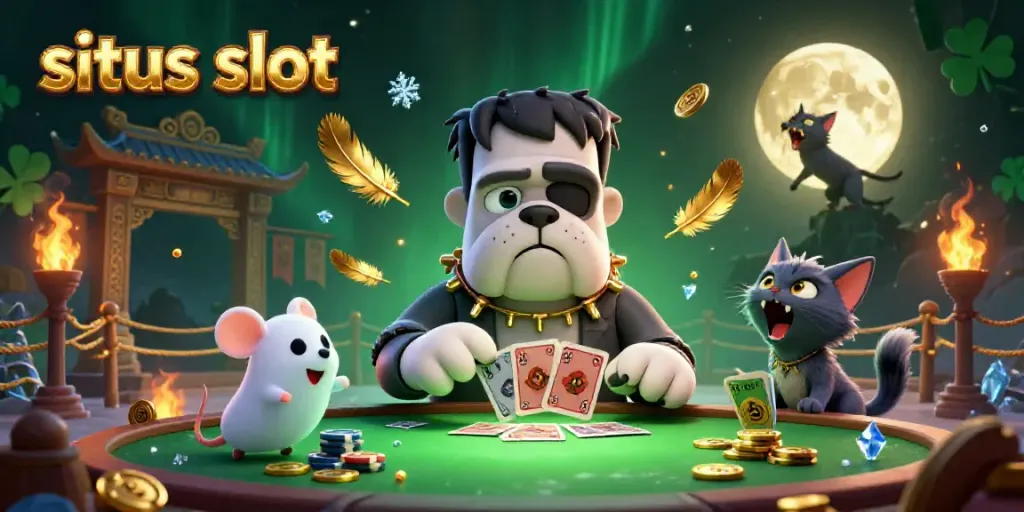 Situs slot themed illustration of a Frankenstein bulldog dealing cards with a ghost mouse and werewolf kitten in a casino.