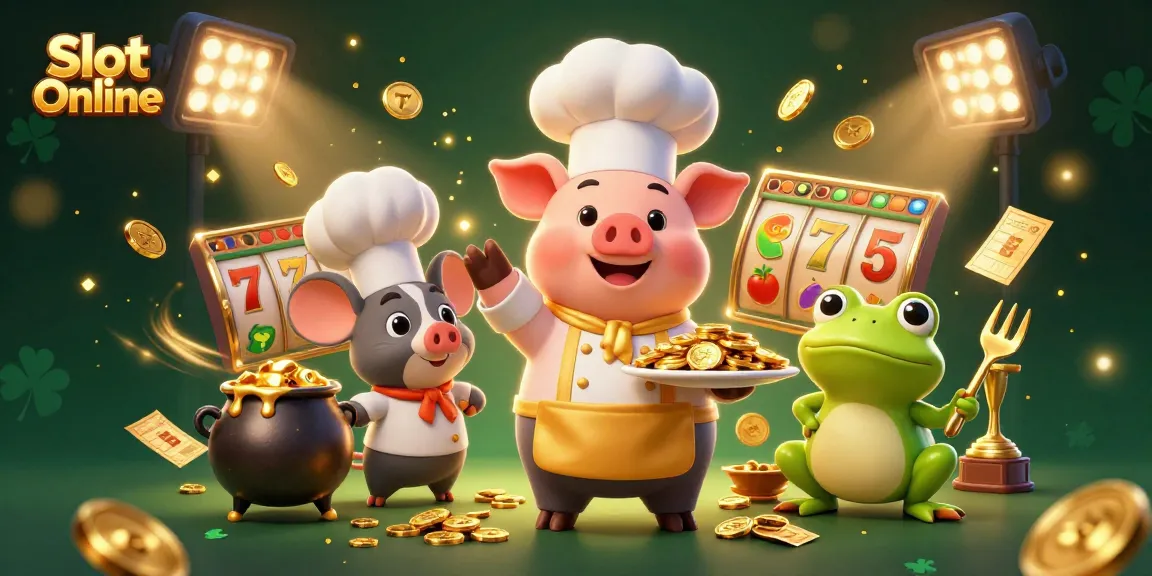Spin to win with Slot Online as a chef pig serves gold coins amidst dynamic slot symbols.