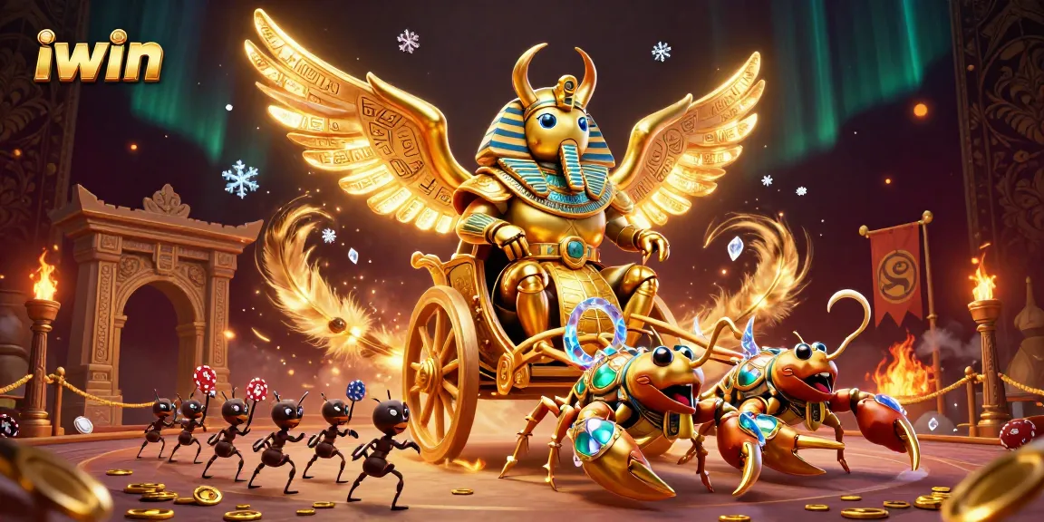 iwin's vibrant 3D casino adventure with scarab beetle and scorpions amidst golden tokens.