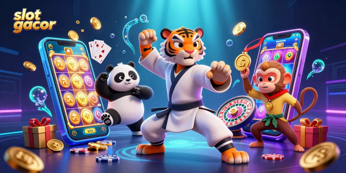 Slot gacor menampilkan ilustrasi kasino dengan karakter kartun dalam aksi permainan judi.