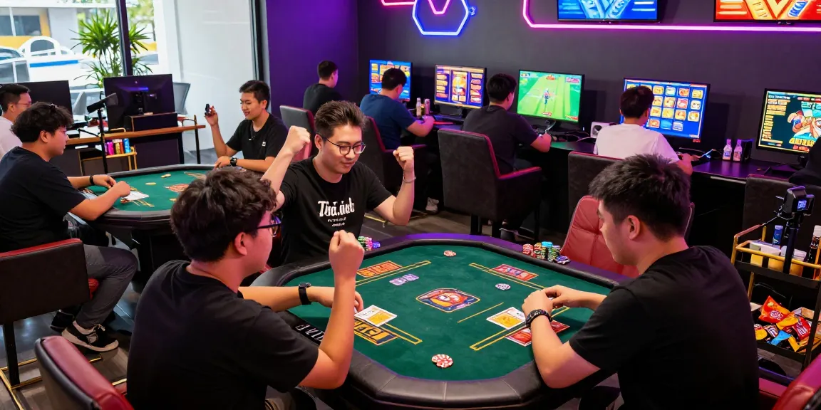 Exciting gamebaidoithuong scene with players enjoying card games and Slot games in a vibrant online lounge setting.