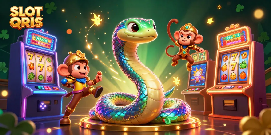 Experience vibrant gaming with SLOT QRIS featuring a captivating rainbow serpent and playful monkey king amidst slot machines.