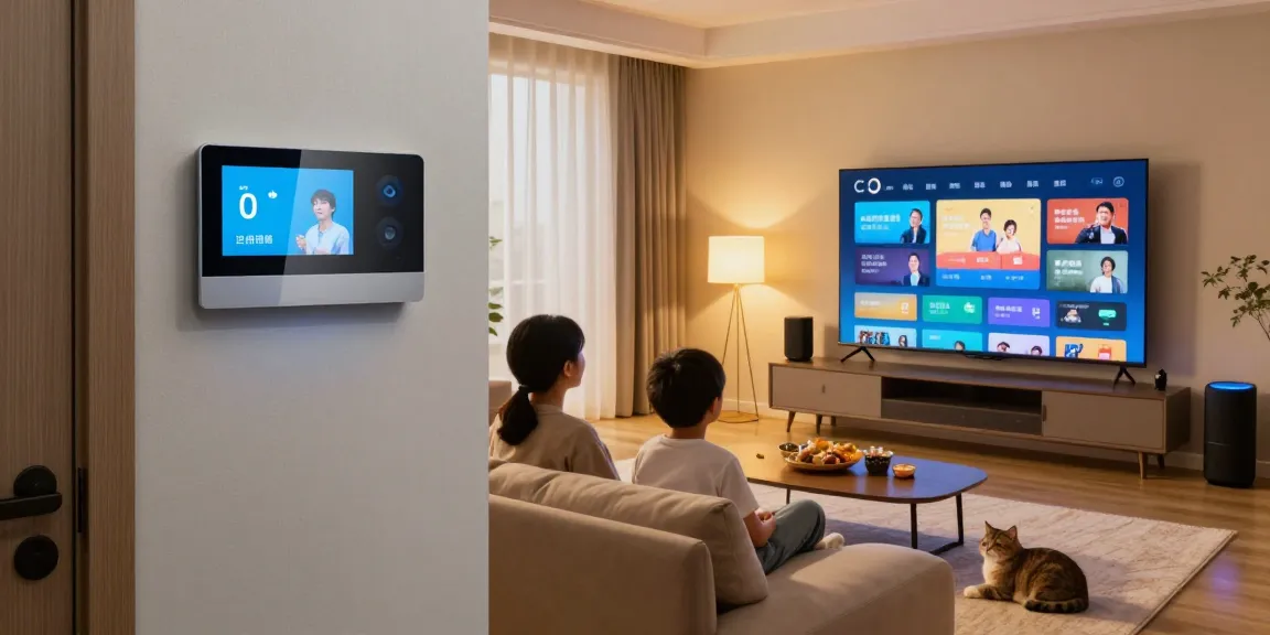 Cozy living room with a smart thermostat, ambient lighting, and family movie night setup.