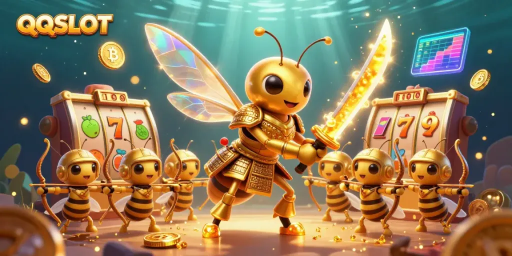 Experience QQSLOT magic with a playful giant golden hornet wielding katanas in a casino-themed adventure.