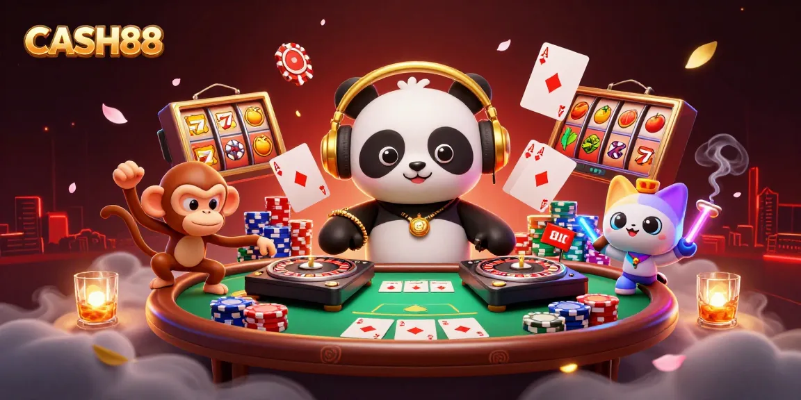 CASH88 showcases vibrant 3D characters celebrating with casino elements like poker chips and slot reels.