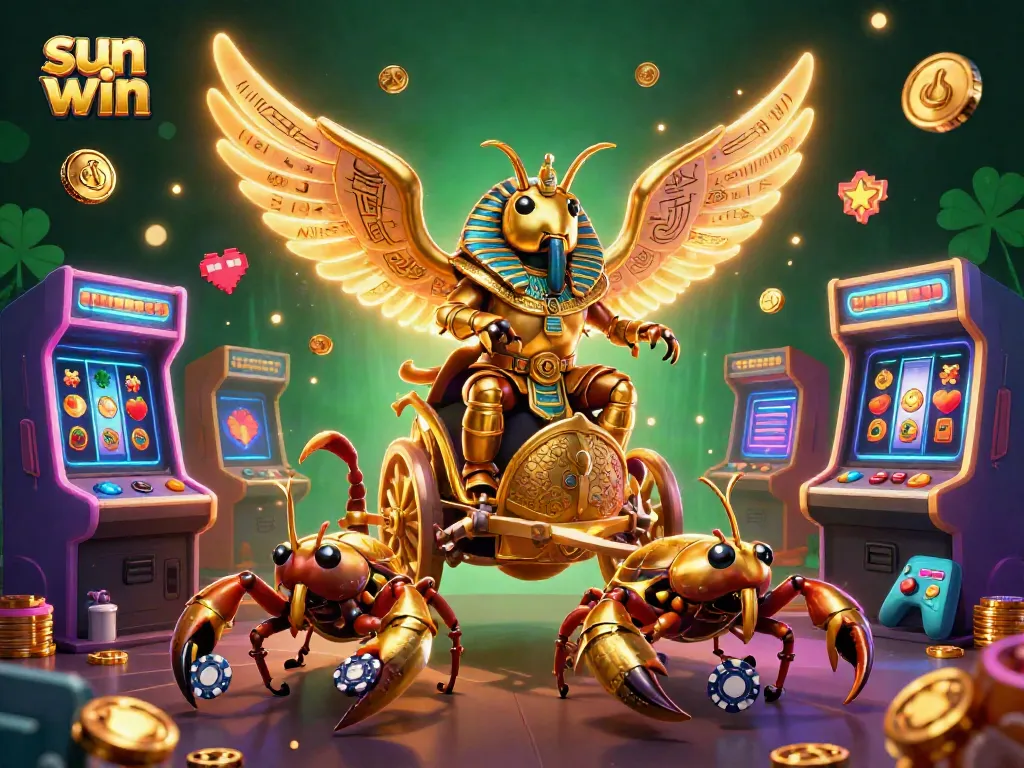 Win big with sun win in this vibrant, detailed 3D casino illustration showcasing thrilling gaming elements and characters.