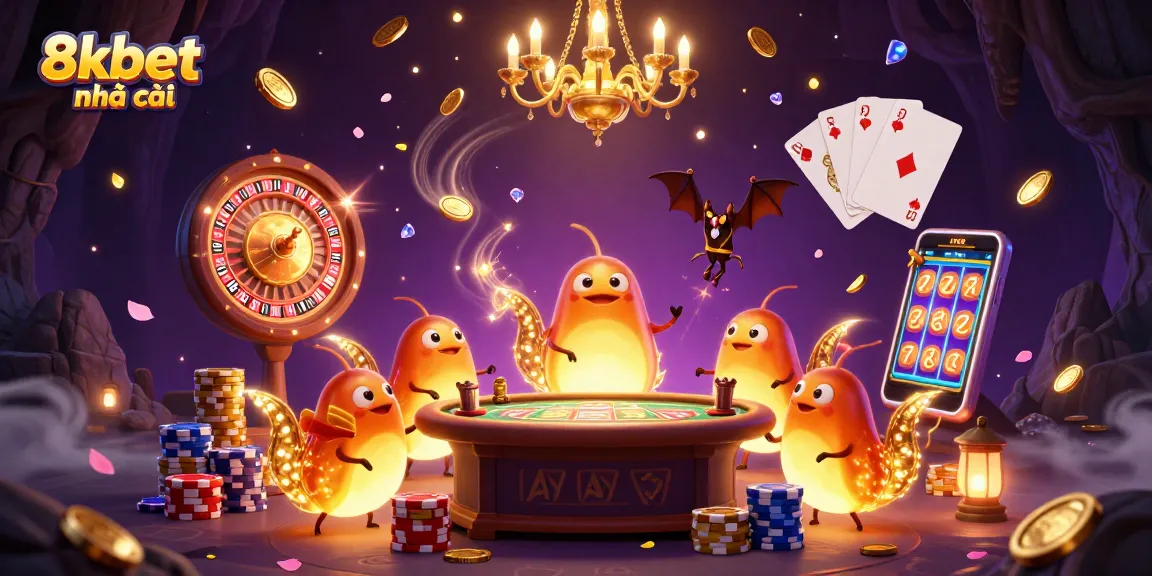 Experience excitement at 8xbet nhà cái with vibrant casino action featuring glowworms, cards, and coins.