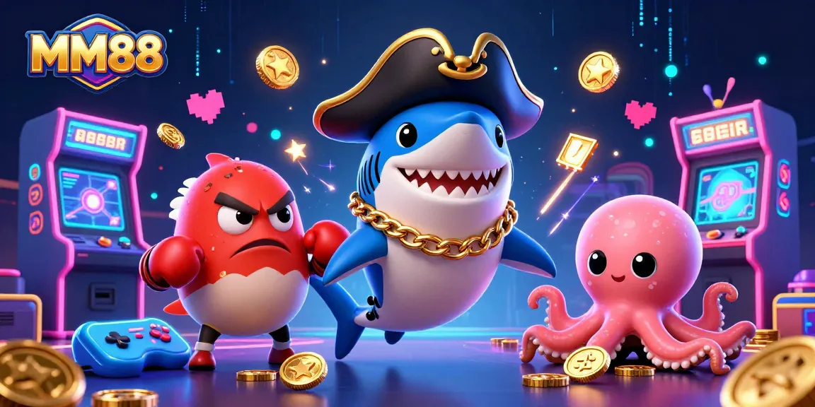 Play for gold coins with MM88 in a vibrant 3D casino scene featuring cartoon characters.
