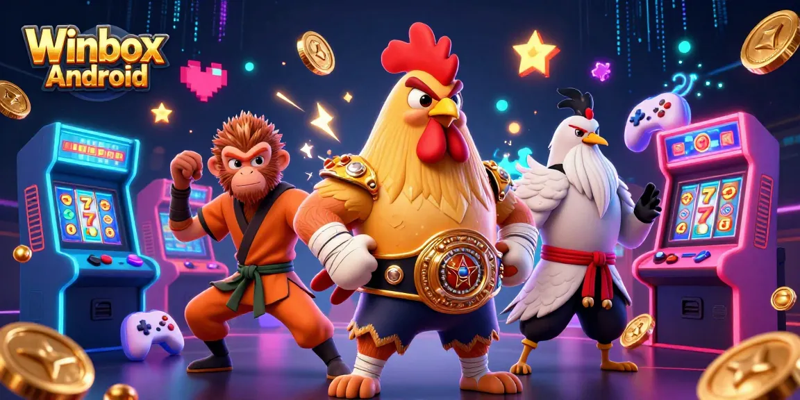 Experience the thrill of Winbox Android with a dynamic scene featuring colorful characters and casino elements.