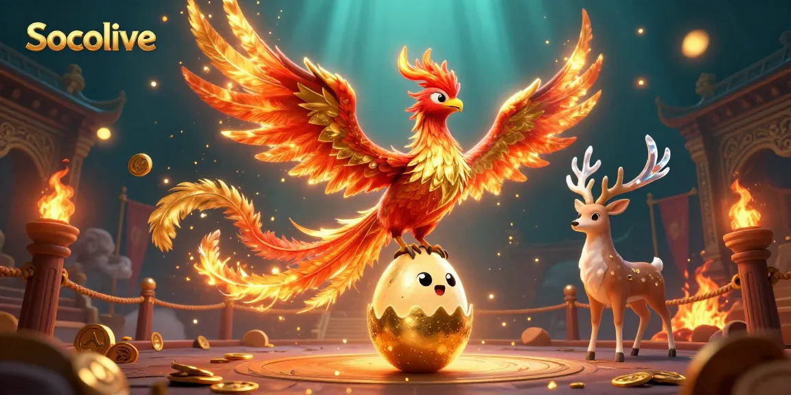 Socolive showcases a vibrant scene with a fiery phoenix and mystical stag in a casino-themed setting.