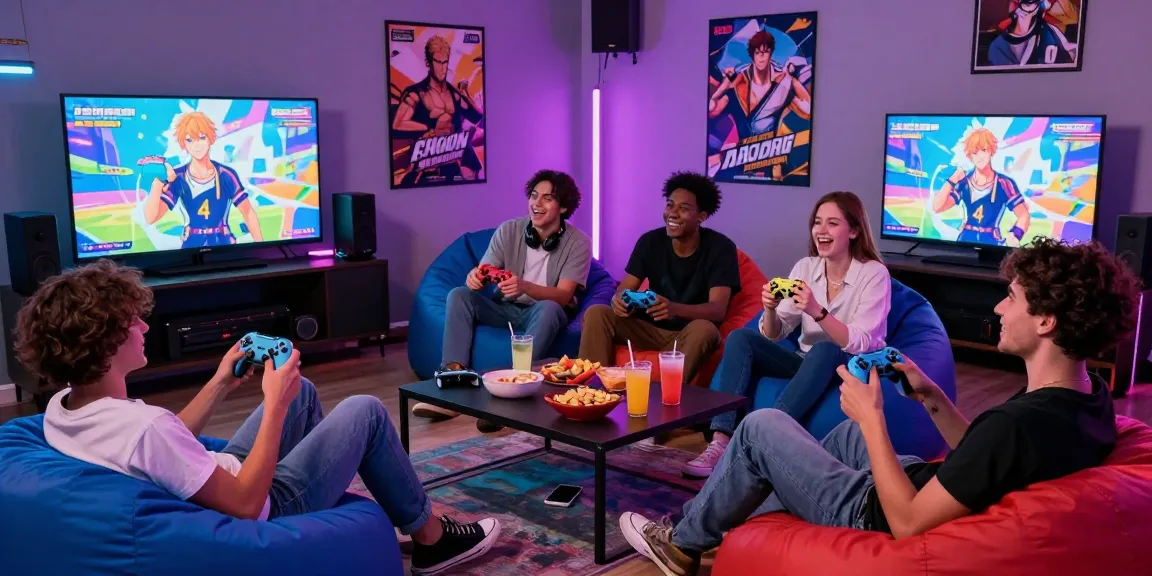 Group of friends playing a gay ecchi game in a vibrant gaming lounge with neon lighting.