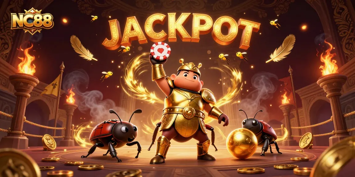 Experience the winning thrill with NC88 as the cartoon beetle lifts a poker chip in a vibrant setting.