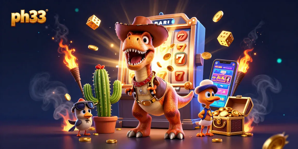 Engage with ph33's thrilling casino world featuring a T-Rex and exciting slot game elements.