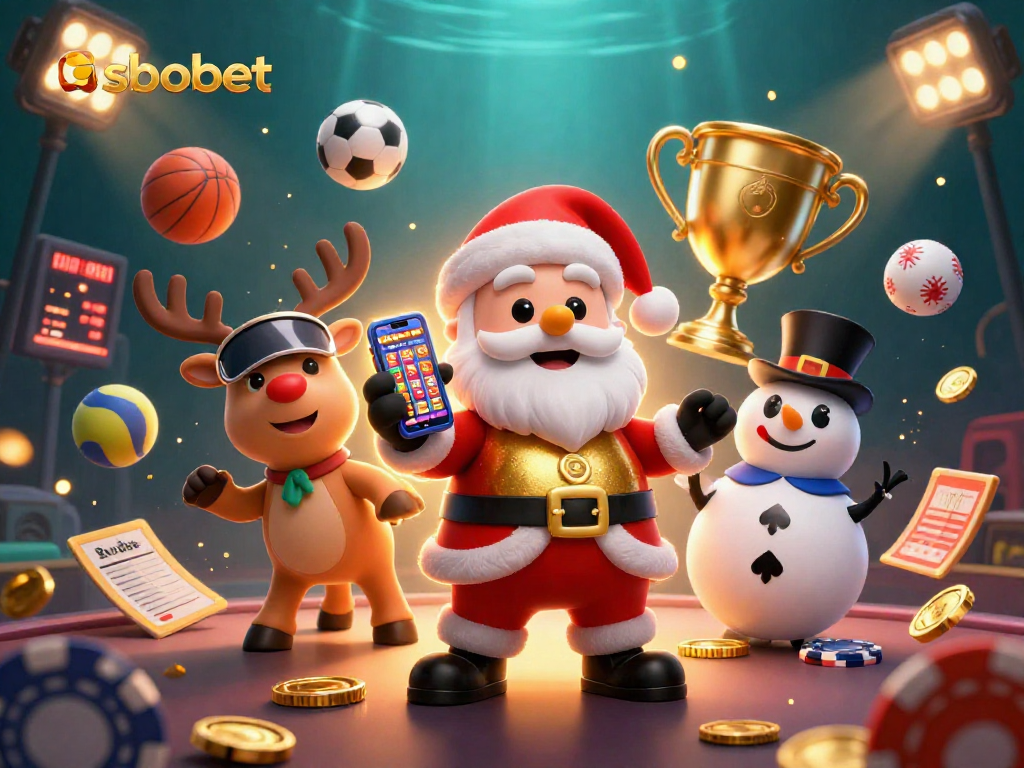 SBOBET offers thrilling sports betting action in this vibrant 3D illustration featuring a festive casino atmosphere.