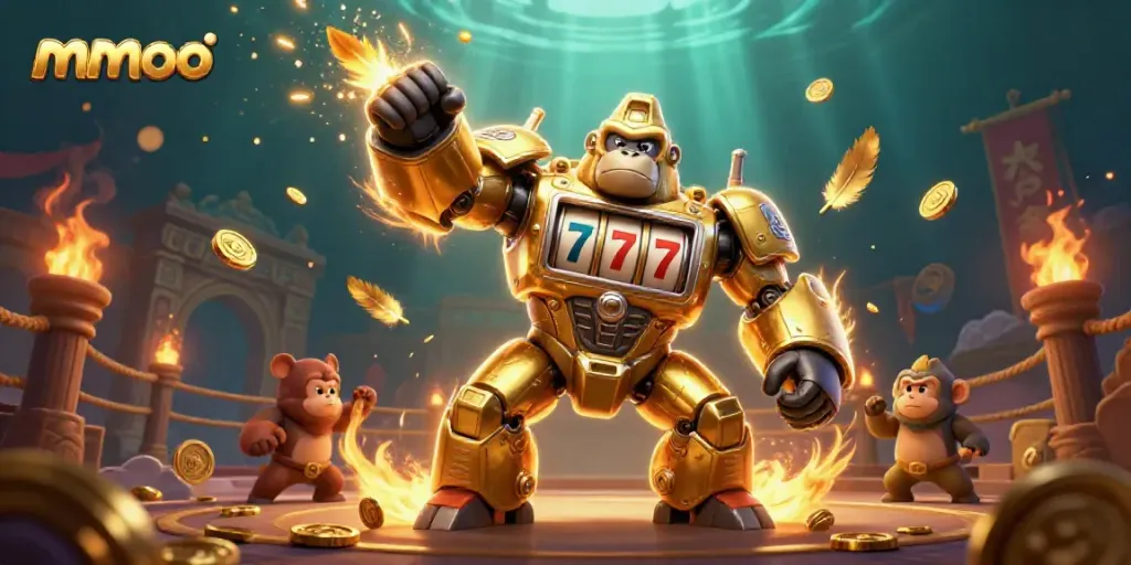 Win big with mmoo in this vibrant 3D scene featuring a golden gorilla mech amidst swirling casino elements.