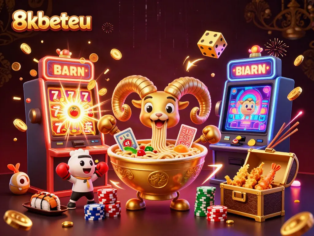 Engage with excitement at 8kbeteu with a giant ramen bowl character dealing cards amidst a jackpot explosion.