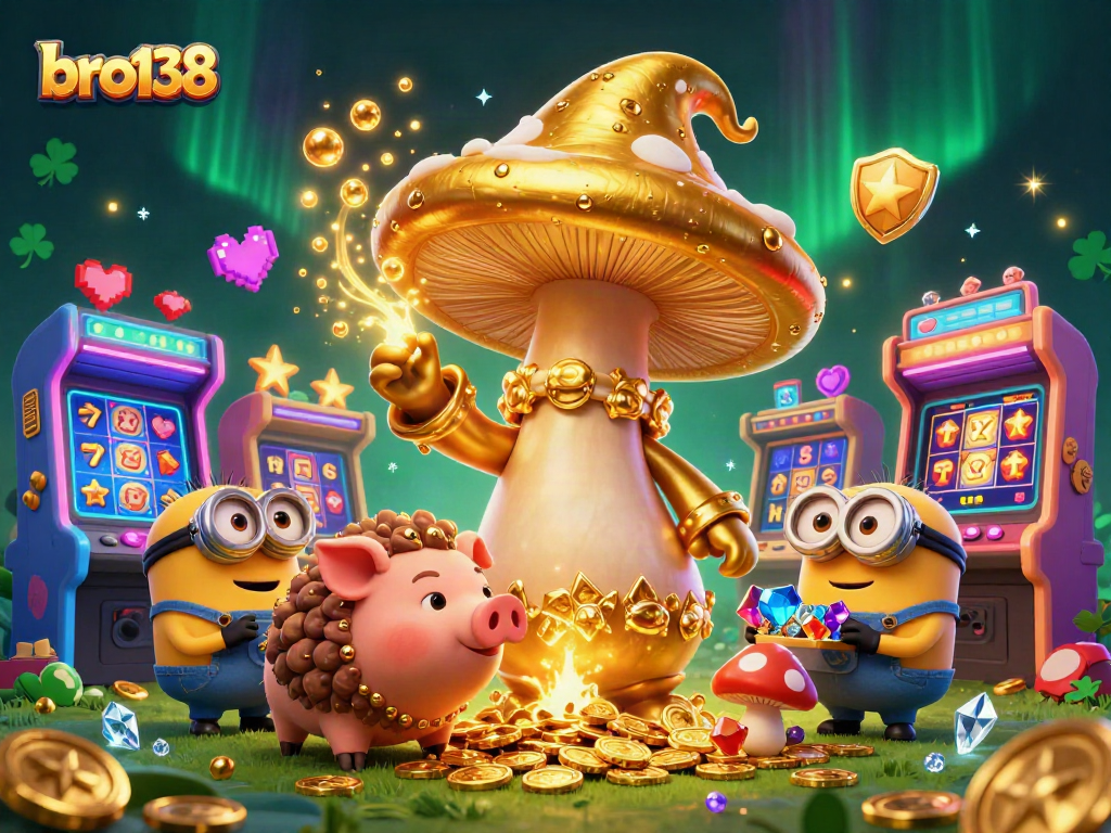 Play slots with bro138, featuring magical adventures alongside treasure-seeking creatures in a vibrant casino world.