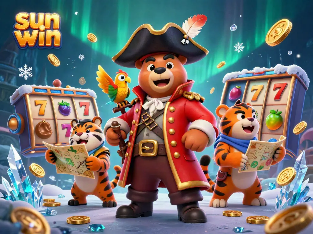 Experience thrilling gameplay with sun win, showcasing pirates and slot gaming elements in a vibrant casino illustration.