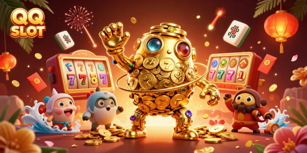 Engage with QQ SLOT's dynamic gaming experience featuring a golden golem and exciting slot elements.