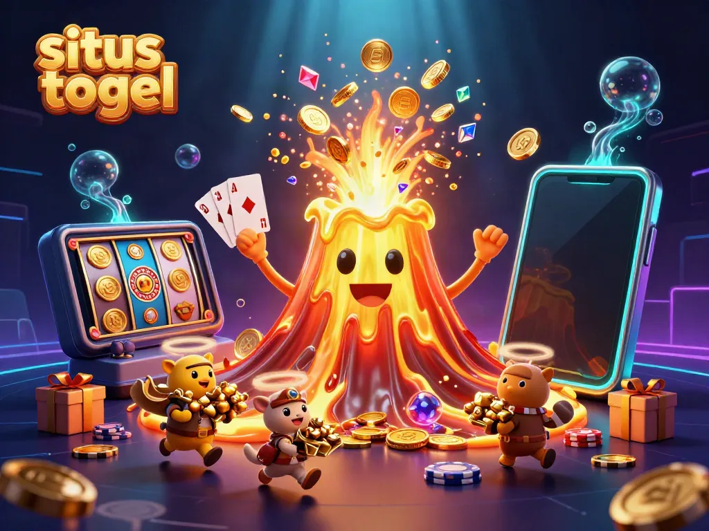 Engage with situs togel as treasure erupts from a golden volcano in this vibrant 3D illustration.