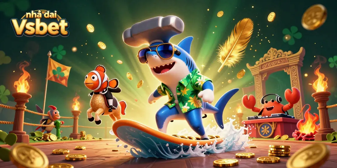Experience Nhà cái Vsbet with a surfing shark, seahorse, and coral DJ amidst vibrant casino-themed elements.