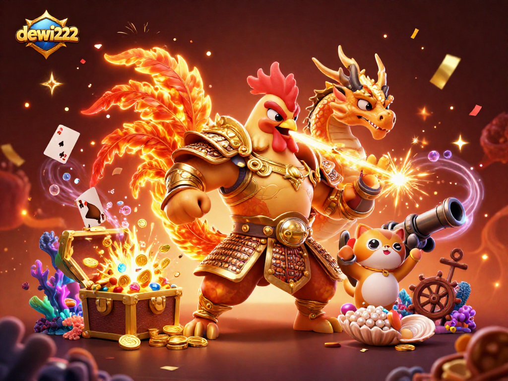 Gambarlah dewi222 dengan ayam petarung 3D dan naga, di tengah keriuhan kasino.